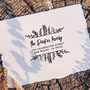 Boho Hand-drawn Leaves Frame Modern Return Address Rubber Stamp