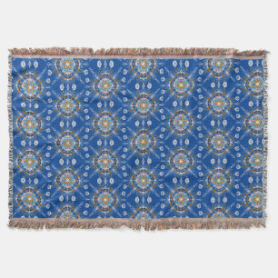 Boho Hand Drawn Mandala Blue Mustard Colorful Throw Blanket