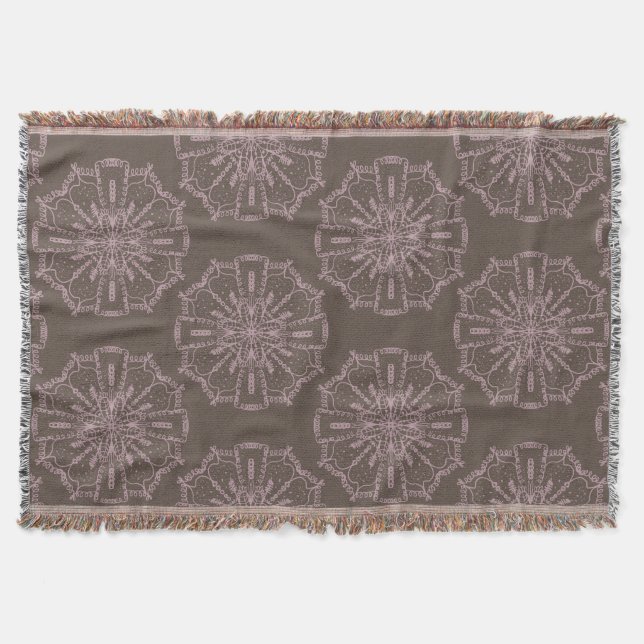 Boho Hand Drawn Mandala Blush Pink Brown Pattern Throw Blanket (Front)