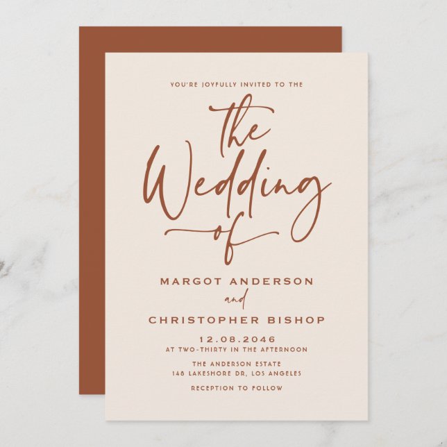 Boho Hand Lettered Calligraphy Terracotta Wedding Invitation (Front/Back)