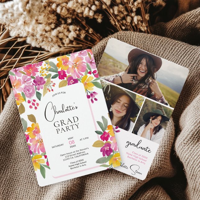  Boho Hand-Painted Boho Floral 3-Photo Graduation Invitation (Boho Hand-Painted Boho Floral 3-Photo Graduation Invitation)