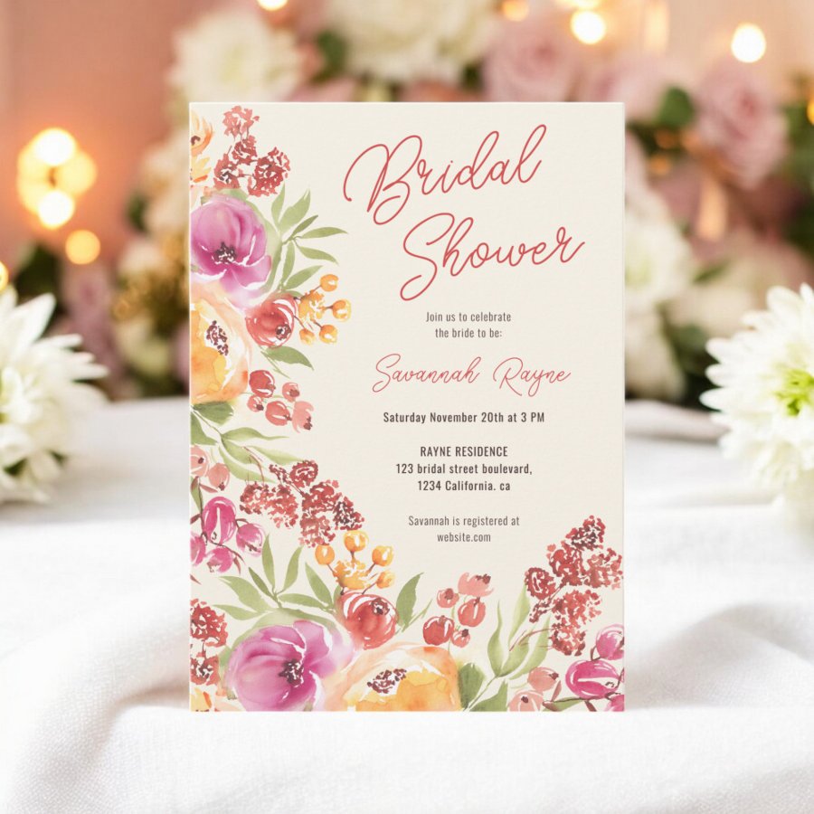 Boho Hand-Painted Watercolor Floral Bridal Shower Invitation