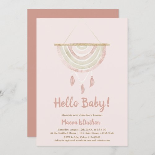 Boho hanging macrame watercolor script baby shower invitation