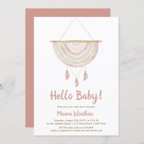 Boho hanging macrame watercolor script baby shower invitation