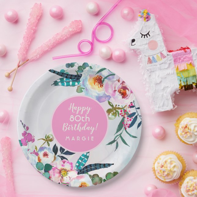 Boho Happy Birthday to 80 Years Young Paper Plates (Party)