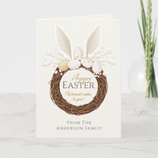 Boho Happy Easter Bunny Wreath Nest Ivory Gold Card