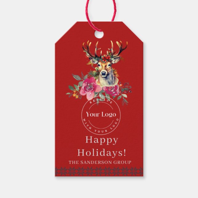 Boho Happy Holidays Business Logo Gift Tag (Front)