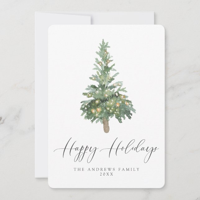 Boho Happy Holidays Watercolor Tree Non-Photo Holiday Card (Front)