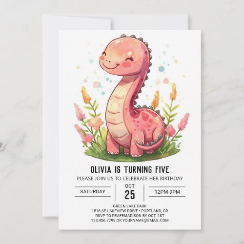 Boho Happy Pink Dinosaur Girl Birthday Invitation