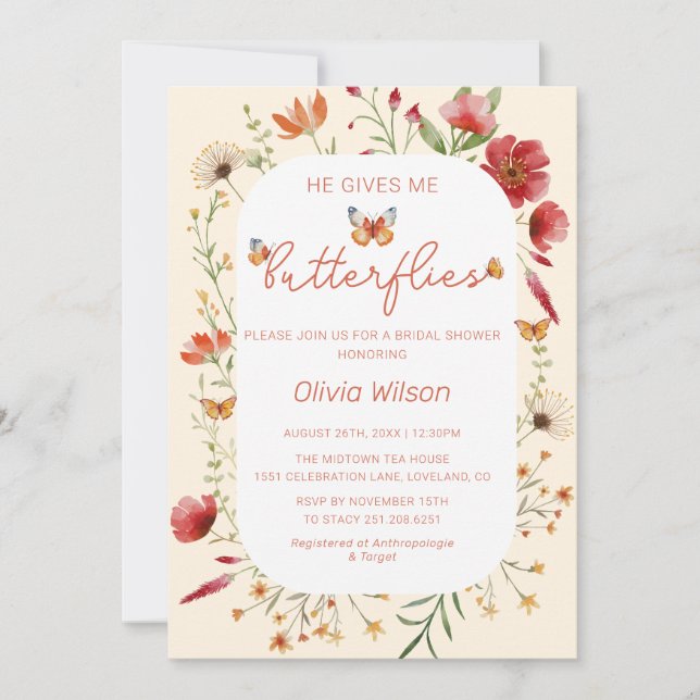 Boho He Gives Me Butterflies Bridal Shower Invitation (Front)