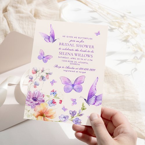 Boho He Gives Me Butterflies Purple Bridal Shower Invitation