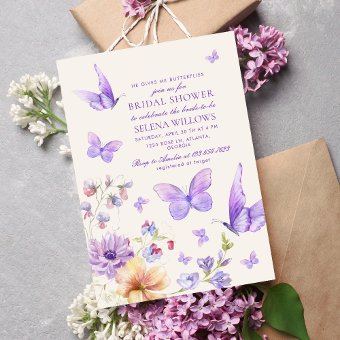 Boho He Gives Me Butterflies Purple Bridal Shower Invitation | Zazzle