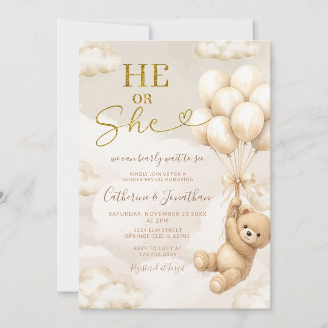 Boho He Or She Beige Balloons Bear Gender Reveal Invitation (Front)