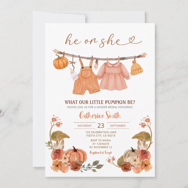 Boho He or She Pumpkin Gender Reveal Fall Autumn Invitation (Front)