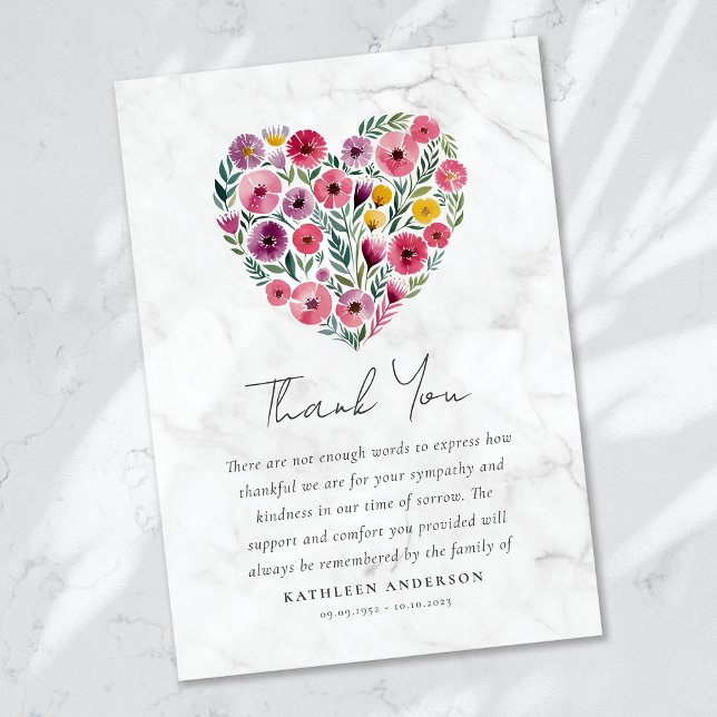 Boho Heart Floral Sympathy Funeral Thank You Card (Creator Uploaded)