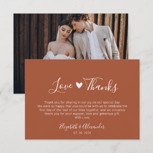 Boho Heart Script Earthy Terracotta Wedding Photo Thank You Card