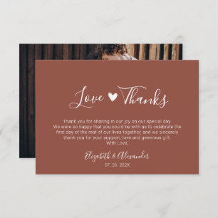 Boho Heart Script Earthy Terracotta Wedding Photo Thank You Card