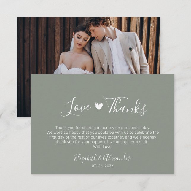 Boho Heart Script Sage Green Wedding Photo  Thank You Card (Front/Back)