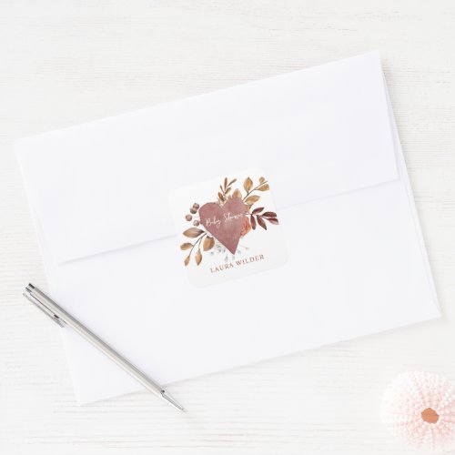 Boho Heart Terracotta Brown Rust Baby Shower Square Sticker