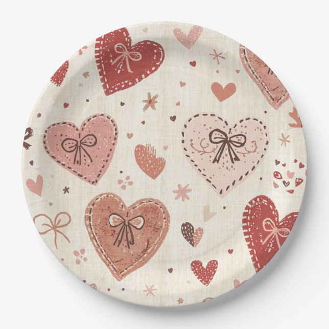 Boho Hearts and Bows Valentine's Day Paper Plates (Front)