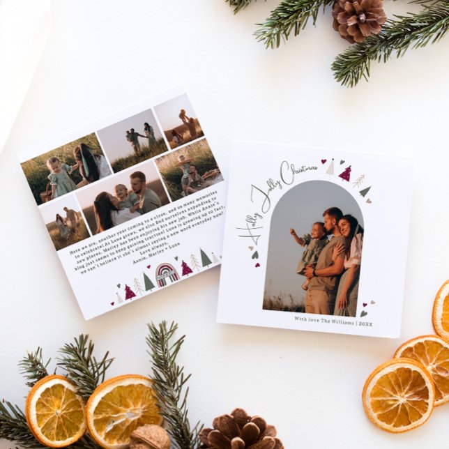 Boho Hearts Arch Holly Jolly Christmas Seven Photo Holiday Card (Creator Uploaded)