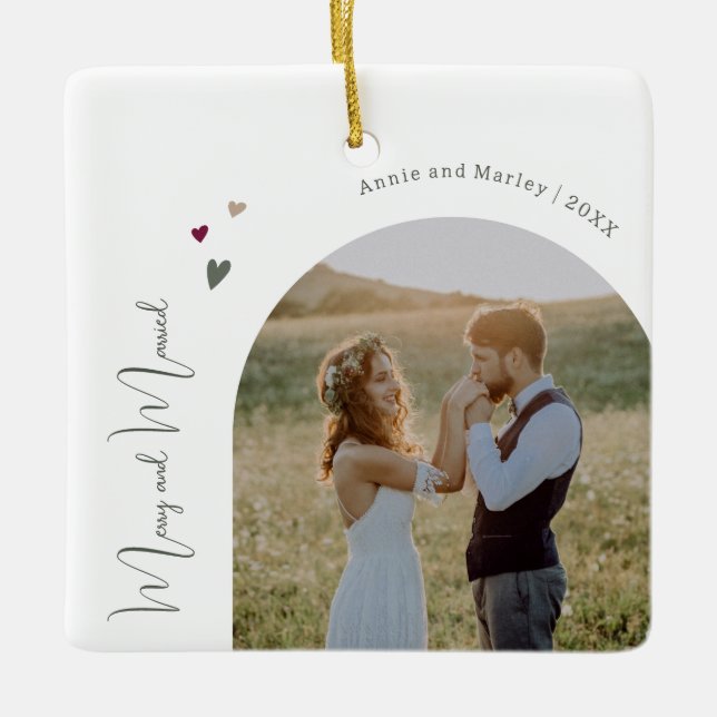 Boho Hearts Arch Merry and Married Christmas Ceramic Ornament (Front)