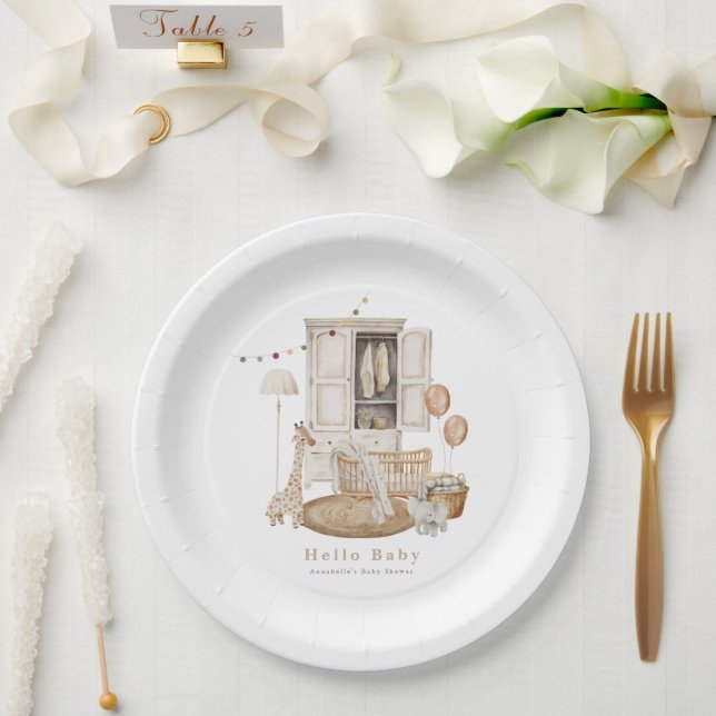 Boho Hello Baby Nursery Wardrobe Crib Baby Shower Paper Plates (Wedding)