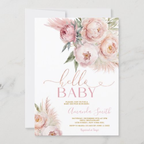 Boho Hello Baby Pink Roses Floral Girl Baby Shower Invitation