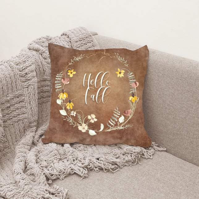 Boho Hello Fall Floral Wreath Sunflower Foliage Throw Pillow (Creator Uploaded)