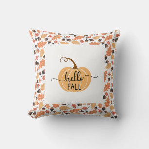 Boho Hello Fall Pumpkin with Autumn Leaves Throw Pillow