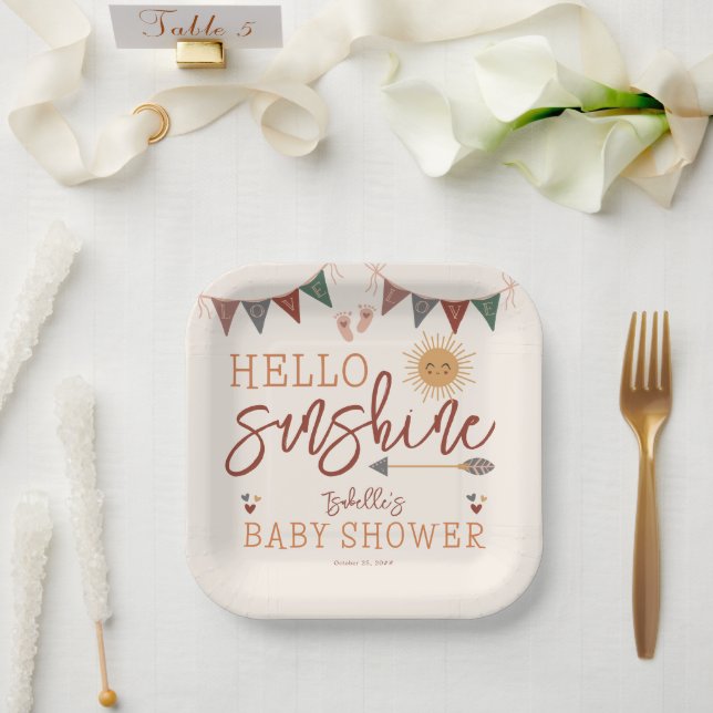 Boho Hello Sunshine Baby Shower Paper Plates (Wedding)