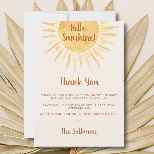 Boho Hello Sunshine Baby Shower Thank You Card