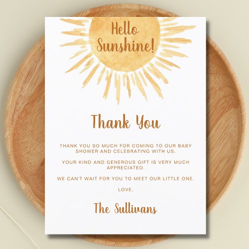 Boho Hello Sunshine Baby Shower Thank You Card