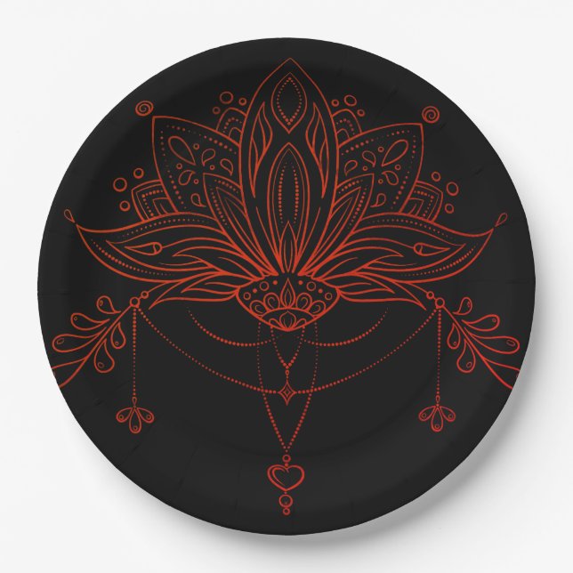 Boho Henna Lotus Flower Paper Plates (Front)