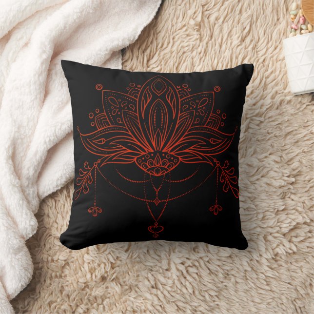 Boho Henna Lotus Flower Throw Pillow (Blanket)