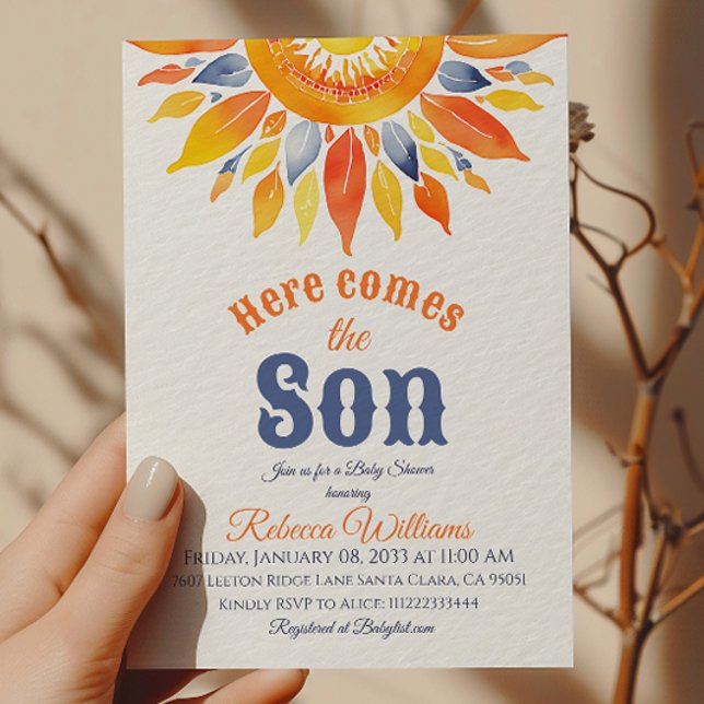 Boho Here Comes Son Sunshine Boy Baby Shower Invitation (Creator Uploaded)