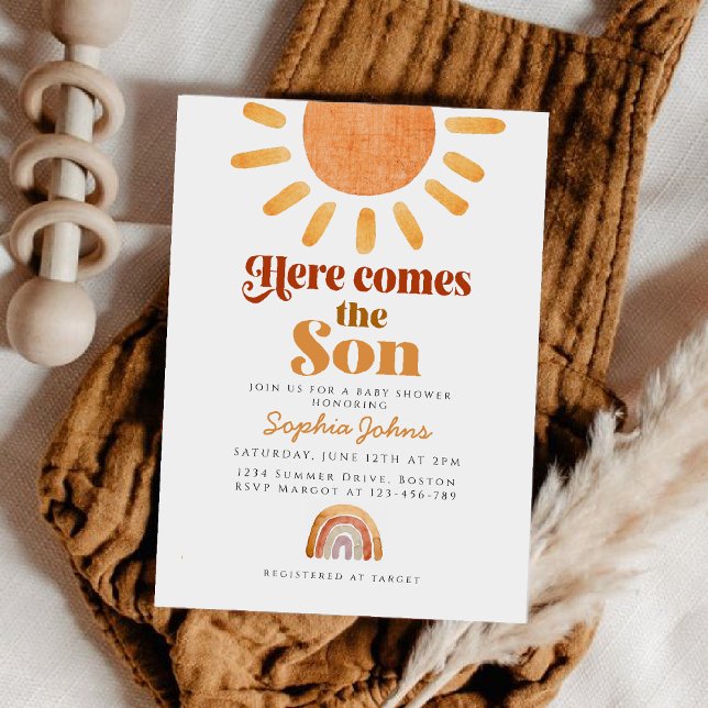 Boho Here Comes the Son Rainbow boy Baby Shower Invitation (Creator Uploaded)