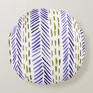 Boho herringbone pattern in purple and green round pillow