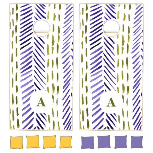 Boho herringbone pattern purple  green monogram cornhole set