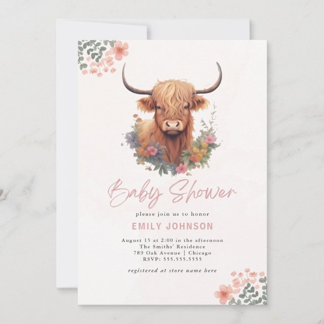 Boho Highland Cow Baby Shower Invitation (Front)