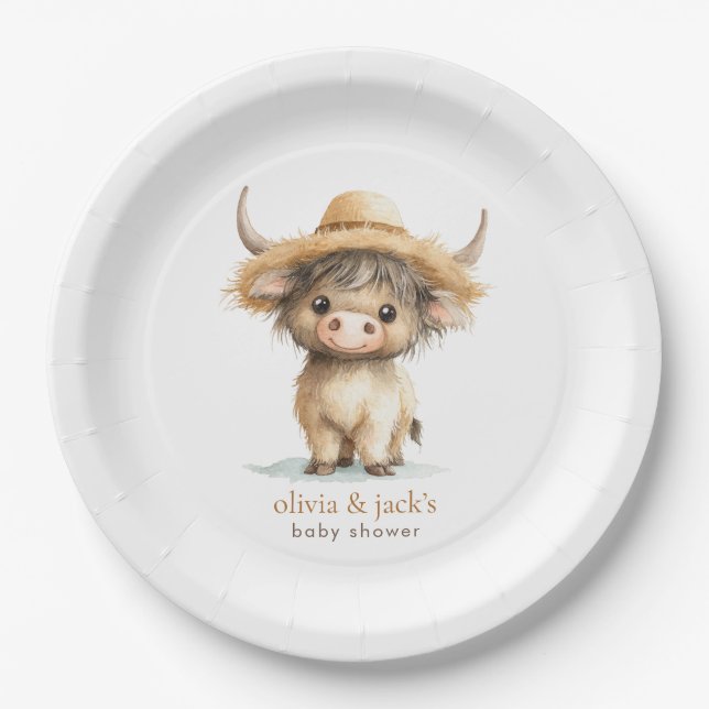 Boho Highland Cow Baby Shower Paper Plates (Front)