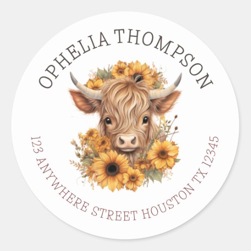 Boho Highland Cow Baby Shower Return Address Classic Round Sticker