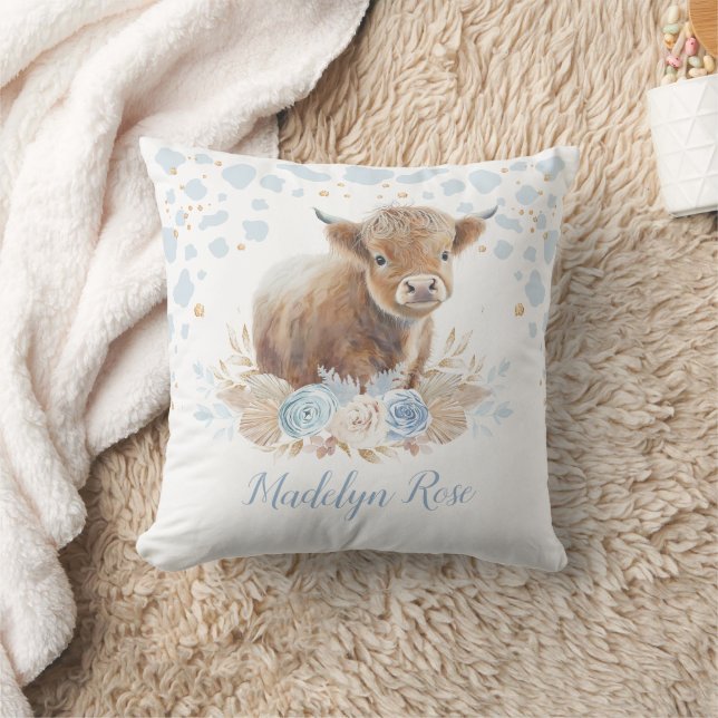 Boho Highland Cow Blue Gold Floral Baby Boy Throw Pillow (Blanket)