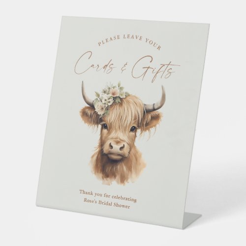 Boho Highland Cow Bridal Shower Cards and  Gifts Pedestal Sign
