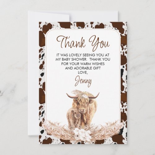Boho Highland Cow Calf Baby Shower Thank You Card