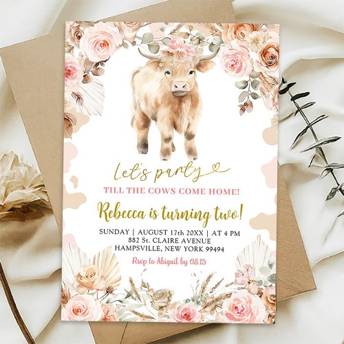 Boho Highland Cow Farm Girl Birthday Invitation