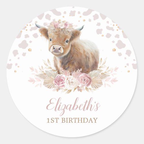 Boho Highland Cow Floral Pampas Grass 1st Birthday Classic Round Sticker