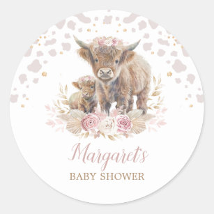 Boho Highland Cow Floral Pampas Grass Baby Girl Classic Round Sticker