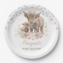 Boho Highland Cow Floral Pampas Grass Baby Girl Paper Plates