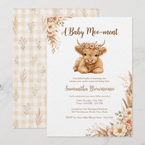 Boho Highland Cow Gingham Floral Birthday Invitation